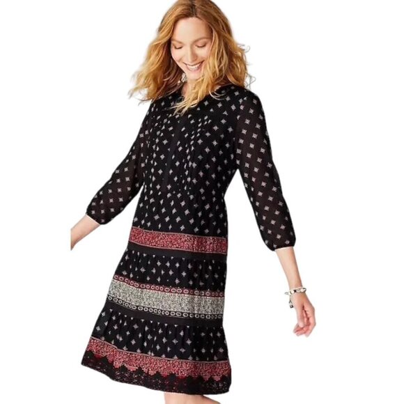 J. Jill Pintuck Lace Trim Tiered Dress Black Red Print - Picture 1 of 13